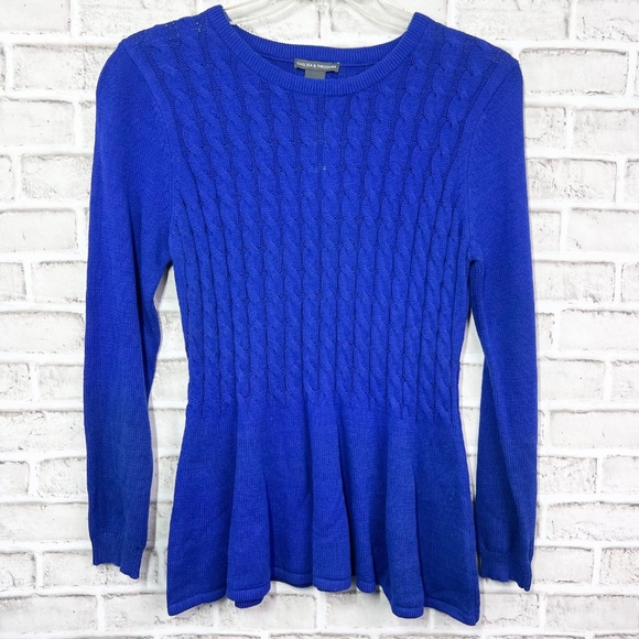 NWT($68)🤩 |•CHELSEA & THEODORE•| Cobalt Blue Flutter Bottom Sweater Size Large - Picture 2 of 7